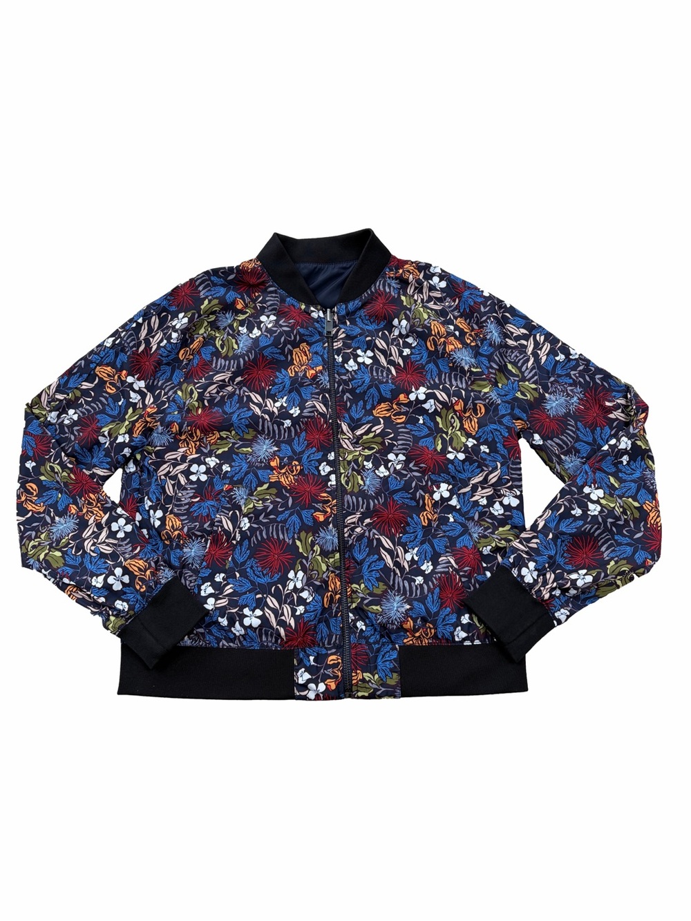 H&M Size Large Floral Tropical Navy Reversible Zip Up Bomber Jacket